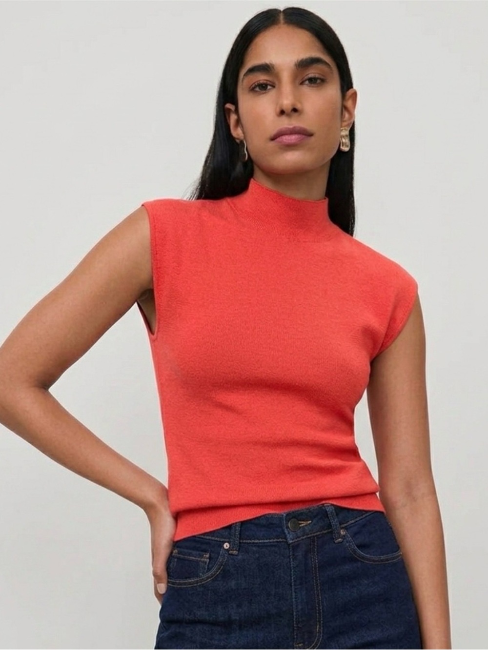 Ann Taylor Coral Mock Neck Short Sleeve Top